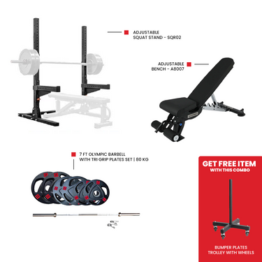 Adjustable bench A8007 for home gym workout 7 Ft Olympic Barbell with Tri Grip Plates Set | 50 kg  Adjustable Squat Stand - SQR02
